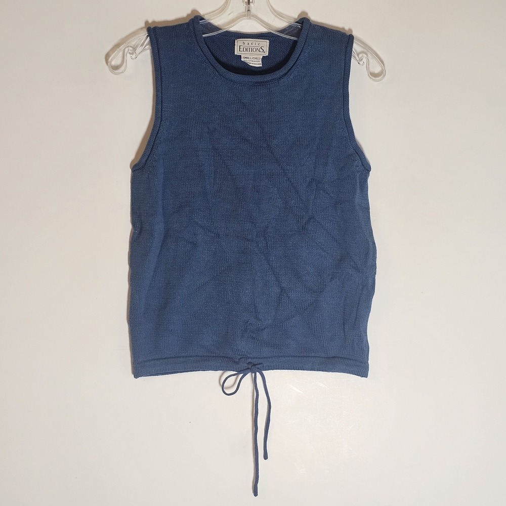 VTG Basic Editions Tank Womens Smal Blue Sweater Tie Front Librarian Teacher Y2K